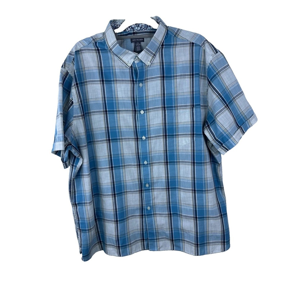 Van Heusen Short Sleeves ButtonDown Plaid Shirt LightBlue Teal White Men's XXL